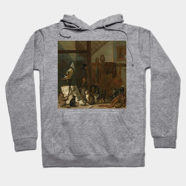 A Concert Of Cats, Owls, A Magpie, And A Monkey In A Barn by Cornelis Saftleven Hoodie by Classic Art Stall